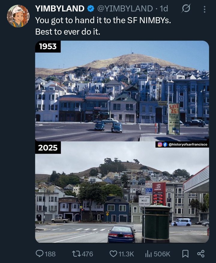 1953년과 2025년 샌프란시스코 지역을 비교한 YIMBYLAND 밈