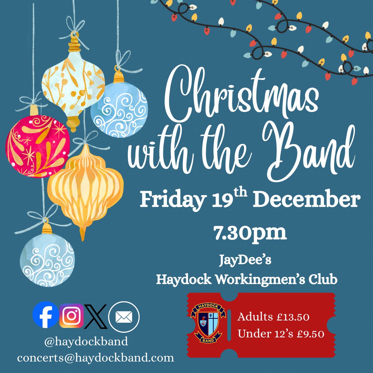 *TICKETS NOW ON SALE*

Join us at JayDee’s in Haydock (Haydock Workingmen’s Club) on Friday 19th December for an evening of festive fun 🎄❄️

Get your tickets by emailing us at concerts@haydockband.com or messaging us on our socials @haydockband

See you there! 🎅🎅

#hohoho