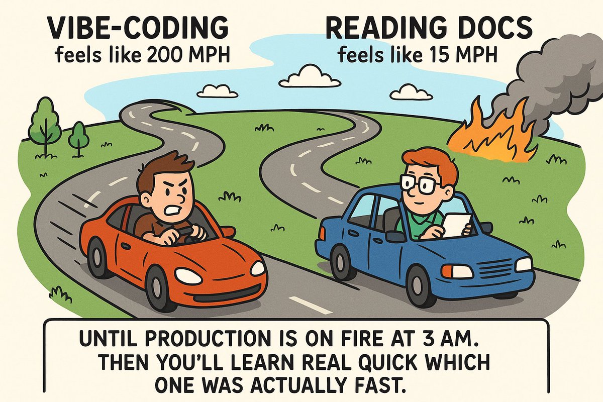 Code_ByAkhil's tweet image. Vibe-coding feels like 200 mph
Reading docs feels like 15 mph 
Until production is on fire at 3 AM.  
Then you’ll learn real quick which one was actually fast.

#vibecoder⛳️  #developersarmy