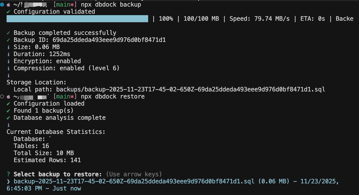 Just shipped DBDock 🔥🎉

A polished, developer friendly backup and restore tool for PostgreSQL.

Instant backups, smooth restores, clean scheduling, smart retention and multiple storage options.
It’s ready to use.

npmjs.com/package/dbdock

dbdock.mintlify.app
