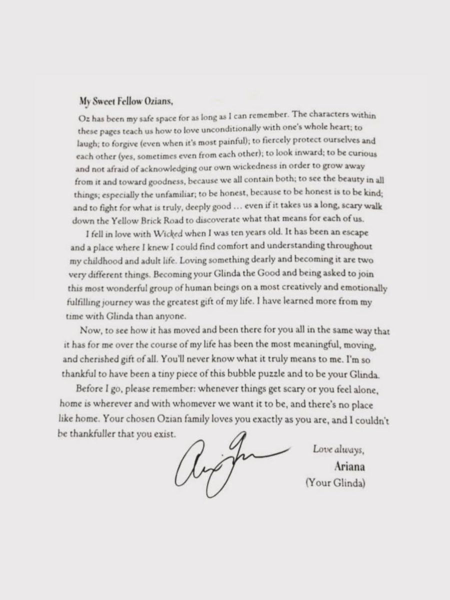 PopCrave's tweet image. Ariana Grande shares letter reflecting on her time in ‘Wicked’:

“Becoming your Glinda the Good and being asked to join this most wonderful group of human beings on a most creatively and emotionally fulfilling journey was the greatest gift of my life. I have learned more from my…