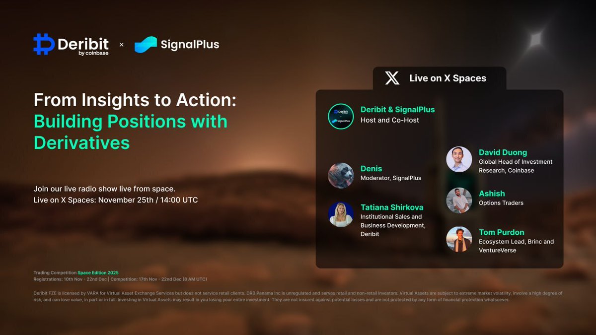 Deribit × SignalPlus Space Competition presents: Voices of the Cosmos: Episode #3
From Nvidia’s blowout earnings to BTC slipping under 90k—markets are shifting orbit.

25th Nov - 2PM UTC: x.com/i/spaces/1RDGl…

🎙️ Join our expert panel as they break down how professionals are