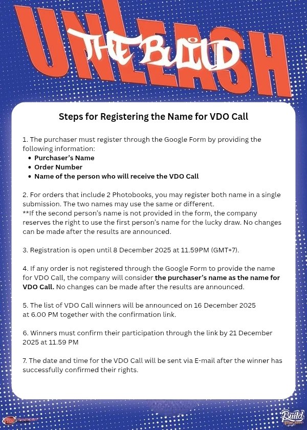 buildyourlove4u's tweet image. 📌 Register link forms.gle/nyXHu4Jk6V13mM…

🛒 Shop now
thaiticketmajor.com/albumunleashth…

เนื่องจากมีการสอบถามเข้ามาเกี่ยวกับการฝากซื้อว่าสามารถโอนสิทธิ์ VDO Call ได้หรือไม่ และต้องดำเนินการอย่างไร พี่เลิฟขออนุญาตเพิ่มขั้นตอนการลงทะเบียนเพื่ออำนวยความสะดวกให้กับทุกท่านตามนี้น้าา

Due to the…