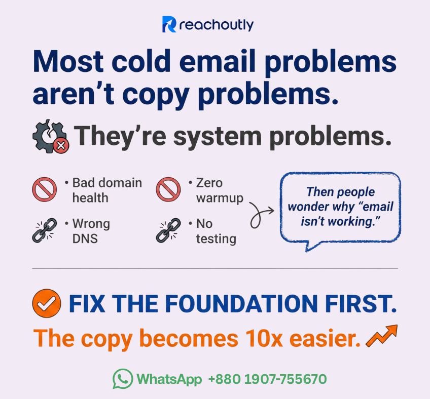 abukawserahamed's tweet photo. Cold email fails because of systems, not copy.
Bad DNS, no warmup, poor domain health = spam.

Fix the foundation → replies go up.
DM “SETUP” for the checklist.

#ColdEmail
#ColdEmailTips
#ColdEmailStrategy
#ColdEmailMarketing
#EmailOutreach https://t.co/9MxqWcXxng