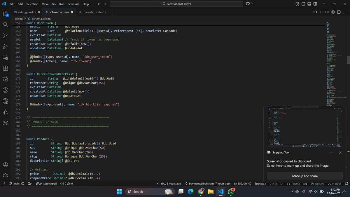 i_am_hasashi's tweet image. Day 14/100 on the #NestJS server: Database schema COMPLETE! 
Defined the entire e-commerce blueprint in Prisma.
Implemented Product Variants, Category Hierarchy, and Order Snapshotting for transactional integrity.