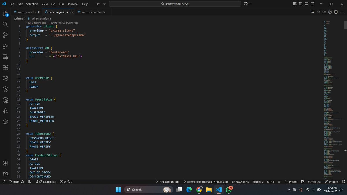 i_am_hasashi's tweet image. Day 14/100 on the #NestJS server: Database schema COMPLETE! 
Defined the entire e-commerce blueprint in Prisma.
Implemented Product Variants, Category Hierarchy, and Order Snapshotting for transactional integrity.