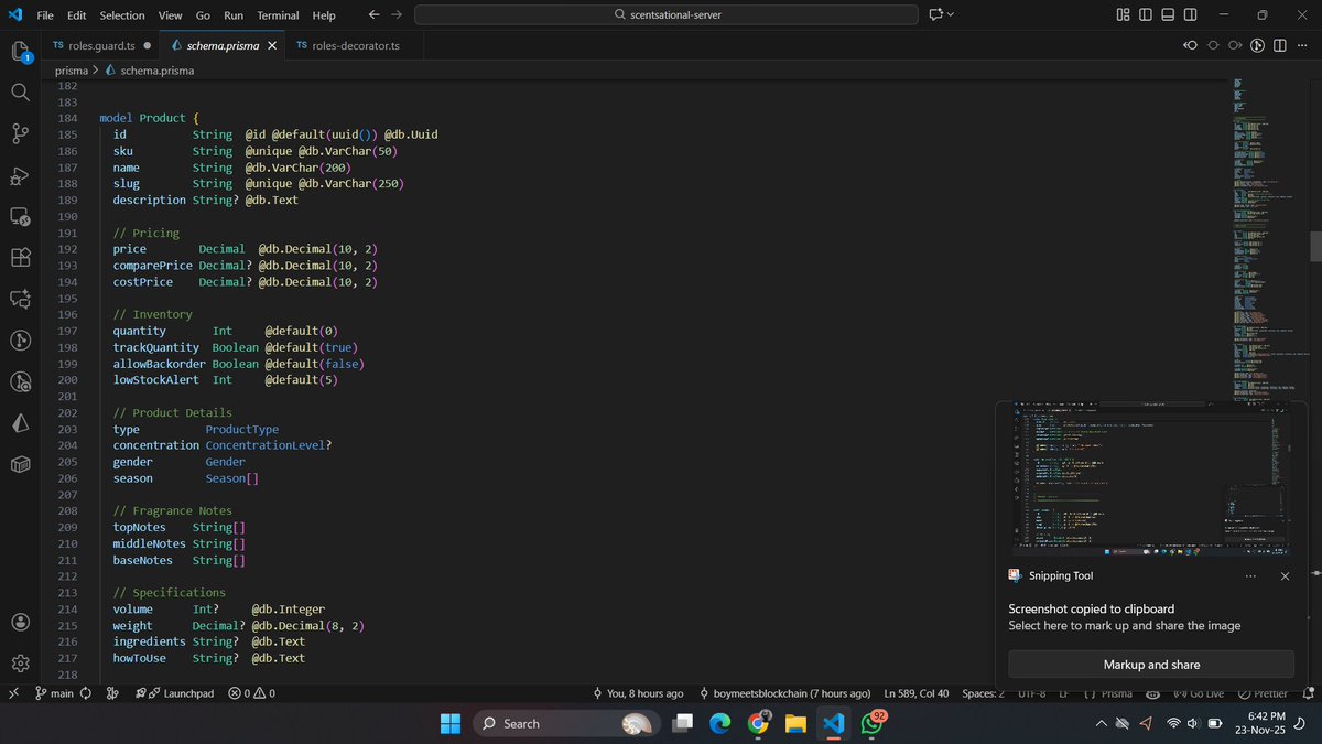 i_am_hasashi's tweet image. Day 14/100 on the #NestJS server: Database schema COMPLETE! 
Defined the entire e-commerce blueprint in Prisma.
Implemented Product Variants, Category Hierarchy, and Order Snapshotting for transactional integrity.