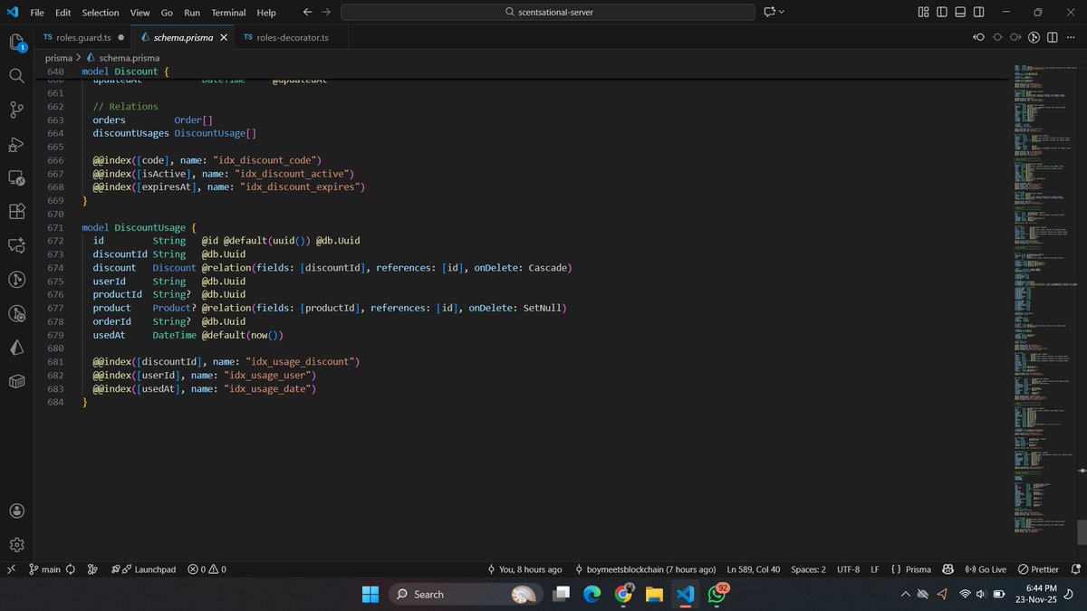 i_am_hasashi's tweet image. Day 14/100 on the #NestJS server: Database schema COMPLETE! 
Defined the entire e-commerce blueprint in Prisma.
Implemented Product Variants, Category Hierarchy, and Order Snapshotting for transactional integrity.