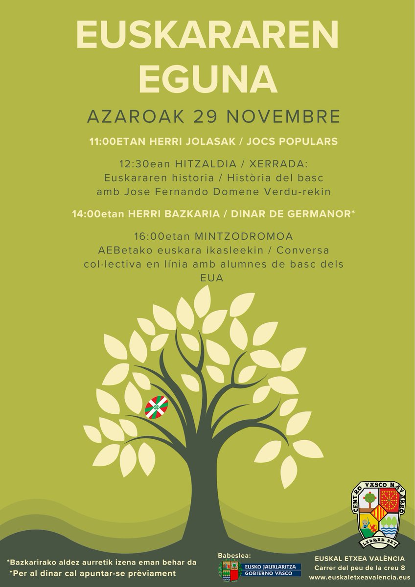 🌀Aurten ere, euskararen eguna ospatuko dugu Euskal Etxean, larunbat honetan ikusiko dugu elkar.
Animatu eta bertaratu!

🌀Un any mes, celebrem el dia del basc en l'Euskal Etxea de València, ens veiem aquest dissabte.
Us esperem a totes!!!!!

#EuskararenEguna
#Euskaraz365Egun
