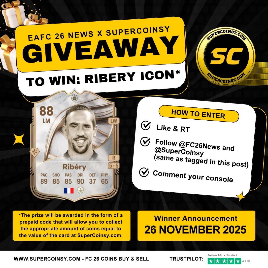 FC26News_'s tweet image. 🚨 FREE Ribery Icon 🇫🇷 🔥

• ✅ Like + Retweet
• ✅ Follow us + @SuperCoinsy
• ✅ Comment Console

Winner picked soon 🫡 #fc26