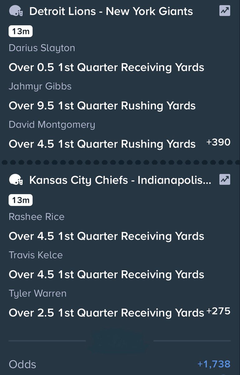 PropBetScience's tweet image. Here’s a couple NFL Week 12 Parlays 👇🏾

1st Quarter Parlay (+1,738) 
Longshot Parlay (+15,300)