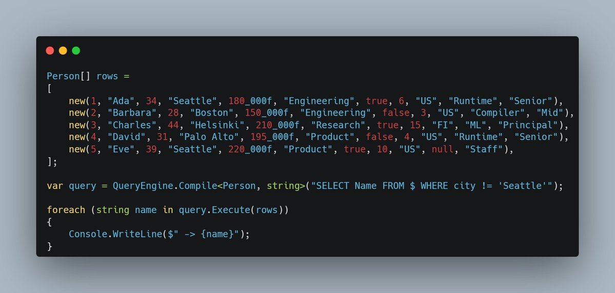 KaiSawano's tweet image. What if the C# type system was your SQL engine? Ours runs so fast it rivals hand‑coded loops… and leaves LINQ eating dust: dev.to/hez2010/typeds…

#dotnet #SQL #csharpprogramming #performance