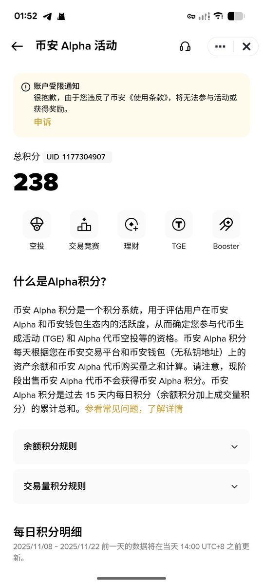 bgt1174918's tweet photo. 币安 Alpha 莫名其妙的被封了 自己家人的号纯手动刷的交易量 一次空投没领就给我封了 我还开着合约网格呢 莫名其妙 https://t.co/BD3bHgU92c
