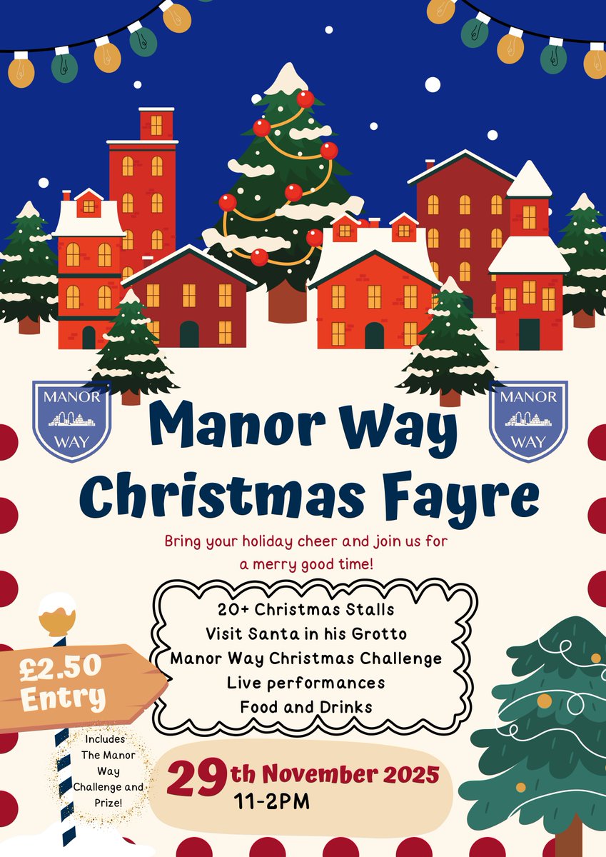 ManorWayPrimary's tweet photo. Santa is visiting the Manor Way Christmas Fayre! It's the perfect chance for a festive photo and to make magical memories. Saturday, 29th November11:00 AM–2:00 PM
£1 Standard Entry or £2.50 Entry includes the Manor Way Challenge and Prizes!
 #ManorWayChristmas #ChristmasMagic https://t.co/NAe3sD02Th