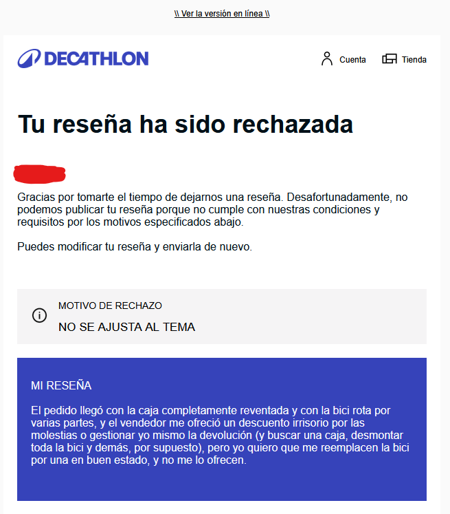 Totespare's tweet photo. @DecathlonEspana lo de hacer gatekeeping de reviews que no os interesan... bien, no? Menuda vergüenza de empresa. Y eso por no hablar de las empresas de reparto con las que trabajáis... En fin. Nunca más. https://t.co/SvckxvLhlN