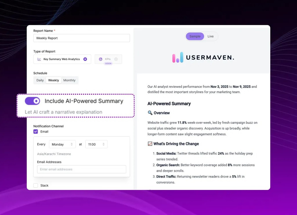 djkrieger's tweet image. Usermaven releases AI-Powered Summaries in Scheduled Reports 👉 lttr.ai/AlWKV #webanalytics