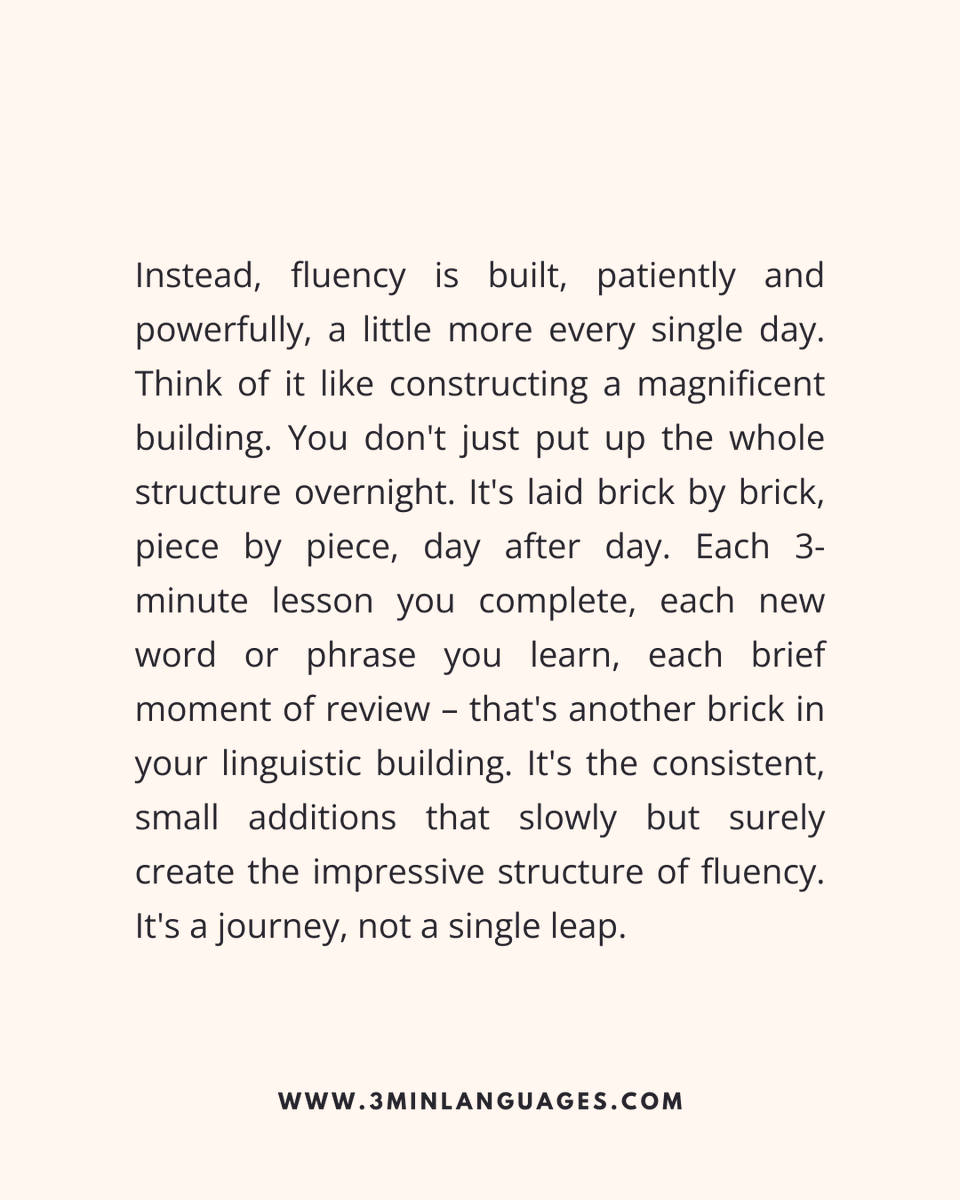 3MLanguages's tweet image. Fluency isn’t built in a day.
 It’s built every day.
 👉 Add your next brick: 3minlanguages.com

#3MinuteLanguages #StudyIn3 #LanguageLearning #MicroLearning #Consistency #LearnFrench #LearnSpanish #LearnGerman #LearnItalian #LearnPortuguese
