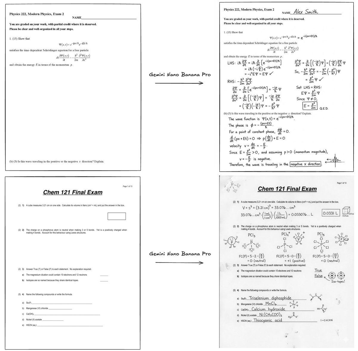 karpathy's tweet image. Gemini Nano Banana Pro can solve exam questions *in* the exam page image. With doodles, diagrams, all that.

ChatGPT thinks these solutions are all correct except Se_2P_2 should be &quot;diselenium diphosphide&quot; and a spelling mistake (should be &quot;thiocyanic acid&quot; not &quot;thoicyanic&quot;)

:O
