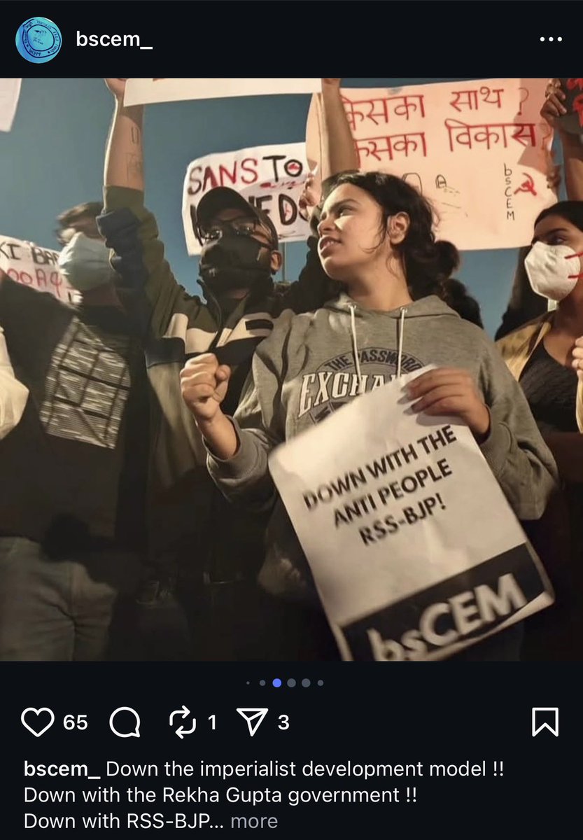 Neetivaan's tweet image. This is the same girl from a group call bsCEM (Bhagat Singh Chhatra Ekta Manch)

Her name is Ravjot and you will find her in every protest.

&amp;gt; air pollution 
&amp;gt; protest in support of naxals
&amp;gt; save palestine and all 

Government should take strict action, naxal has to end.