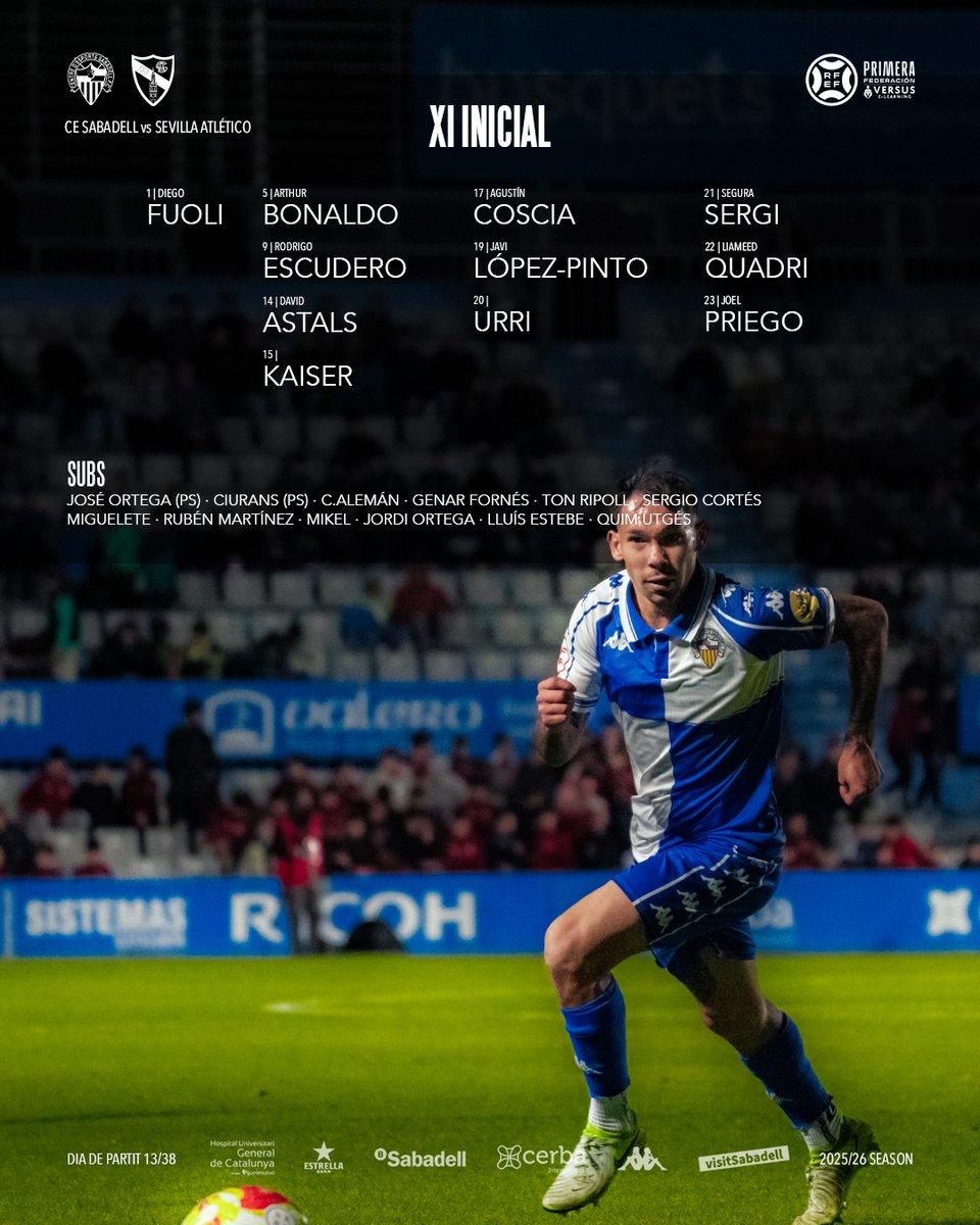 CESabadell's tweet image. 📋 El nostre XI per al partit de @Primera_RFEF 🆚 @CanteraSFC:
 
#AMQM | #SabadellSevillaAtlético