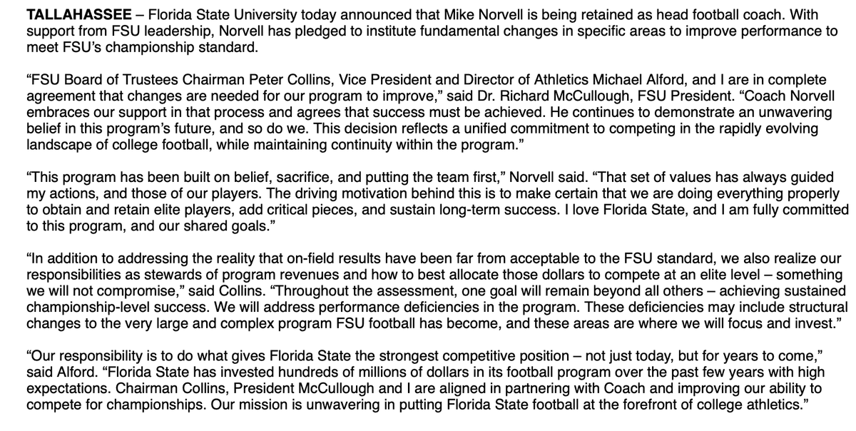 PeteThamel's tweet photo. "This decision reflects a unified commitment to competing in the rapidly evolving landscape of college football, while maintaining continuity within the program," said FSU president Dr. Richard McCullough. https://t.co/9JgZ6wG3H2