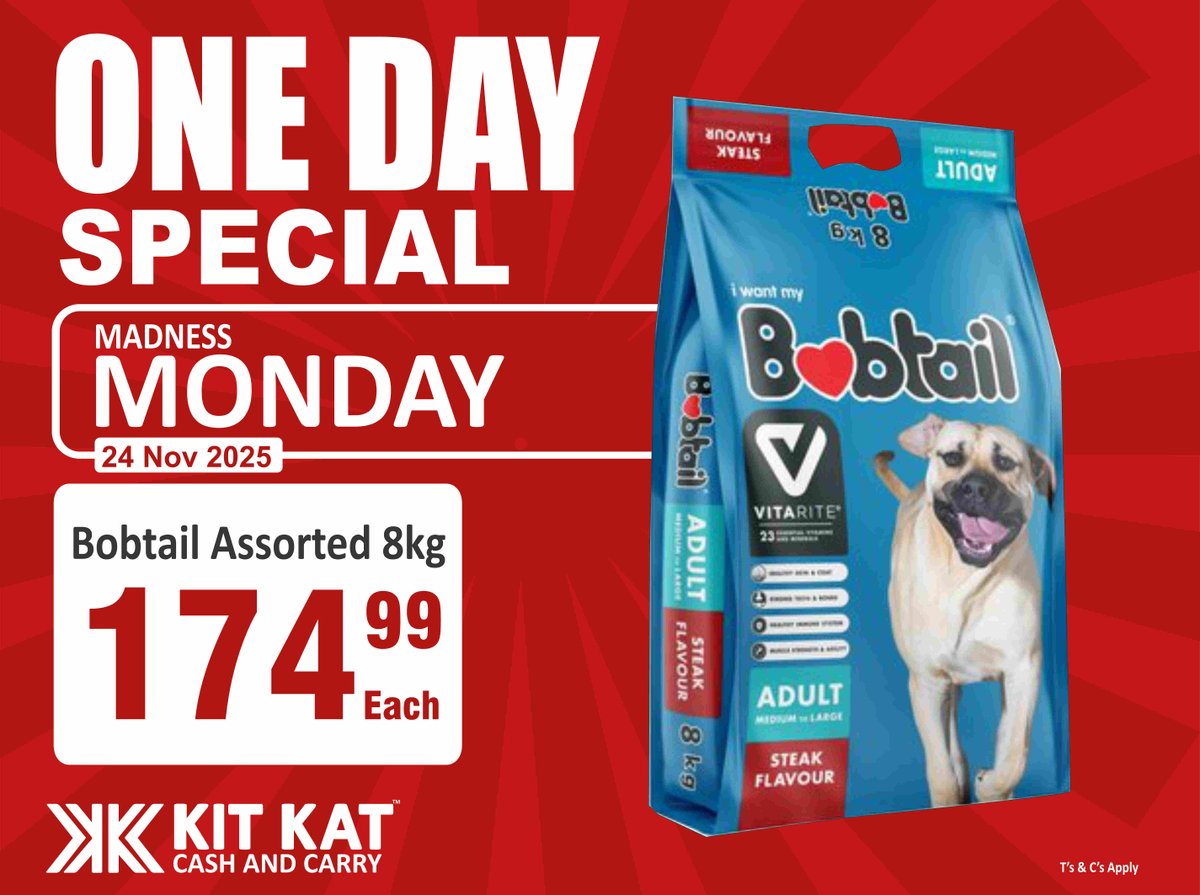KitKatGroupSA's tweet image. Your fur baby’s fave meal at a price you’ll love! 🐕✨ Bobtail 8kg only R174.99 this Madness Monday. Don’t miss it!