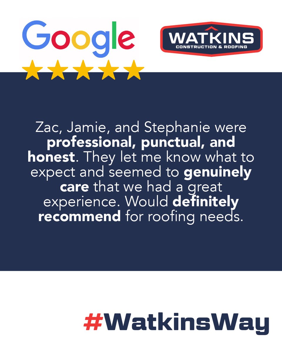 ✨ Professional, Punctual, and Honest ✨ THANK YOU to Clayton, for this stellar Google review!  Thank you so much for choosing Watkins Construction &amp; Roofing! #HappyCustomer #WatkinsWay