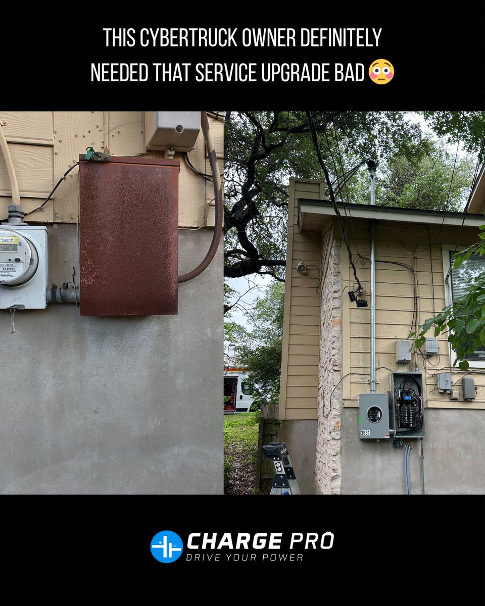ChargePro_Texas's tweet image. From rusty relics to Cybertruck-ready ⚡️ 

Old 100A service? Gone. Fresh meter, new riser, clean 200A panel. This beast charges at full speed now 🛻💨 

#Cybertruck #PanelUpgrade #EVcharger #tesla