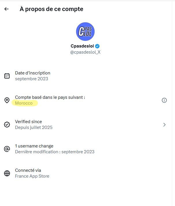 SalimDjellab's tweet photo. Comme par hasard, le compte d’extrême-droite @cpasdeslol_X qui tape sur les Algériens entre autres apparaît… au Maroc. https://t.co/EiCBGhF6qc