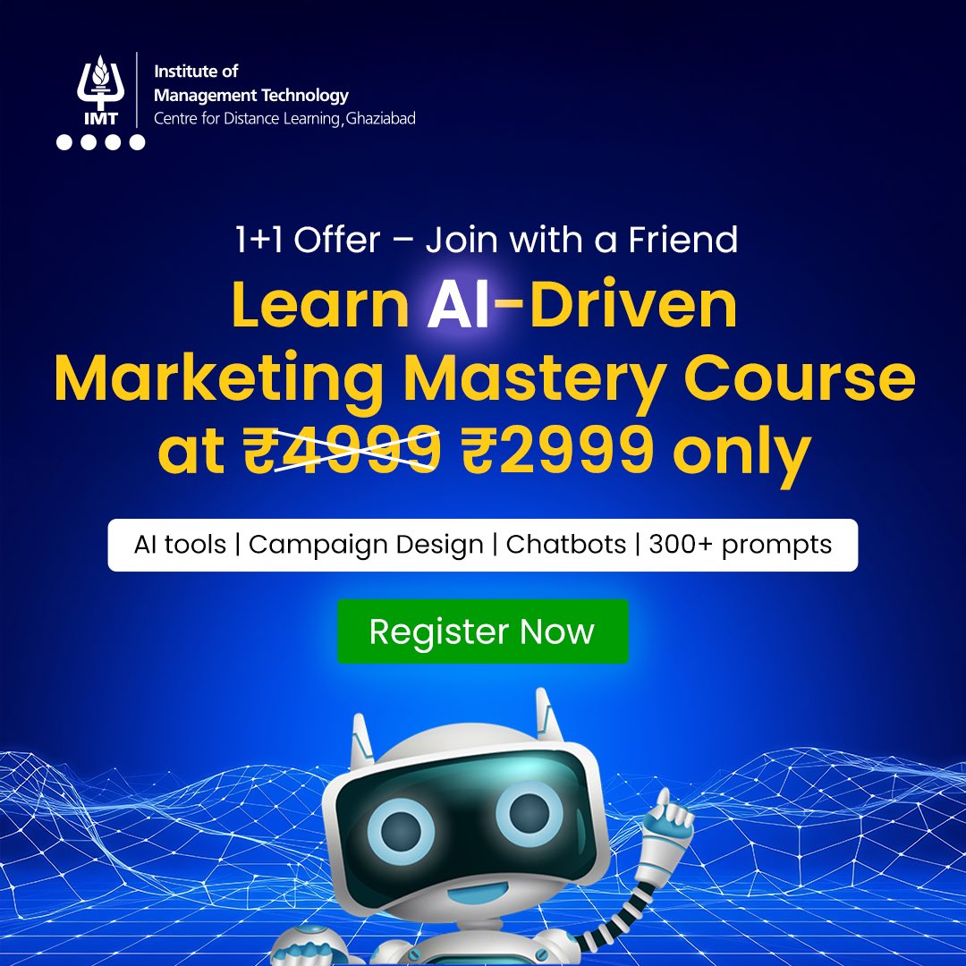Join the AI-Driven Marketing Mastery Course at just ₹2999 under the special 1+1 Offer.

Register Now: imtonline.com/ai-driven-mark…
.
.
#AICourse #MarketingMastery #LearnAI #DigitalMarketing #AIinMarketing #UpskillNow #EdTech #FutureSkills #Chatbots #AIMarketing #CareerGrowth