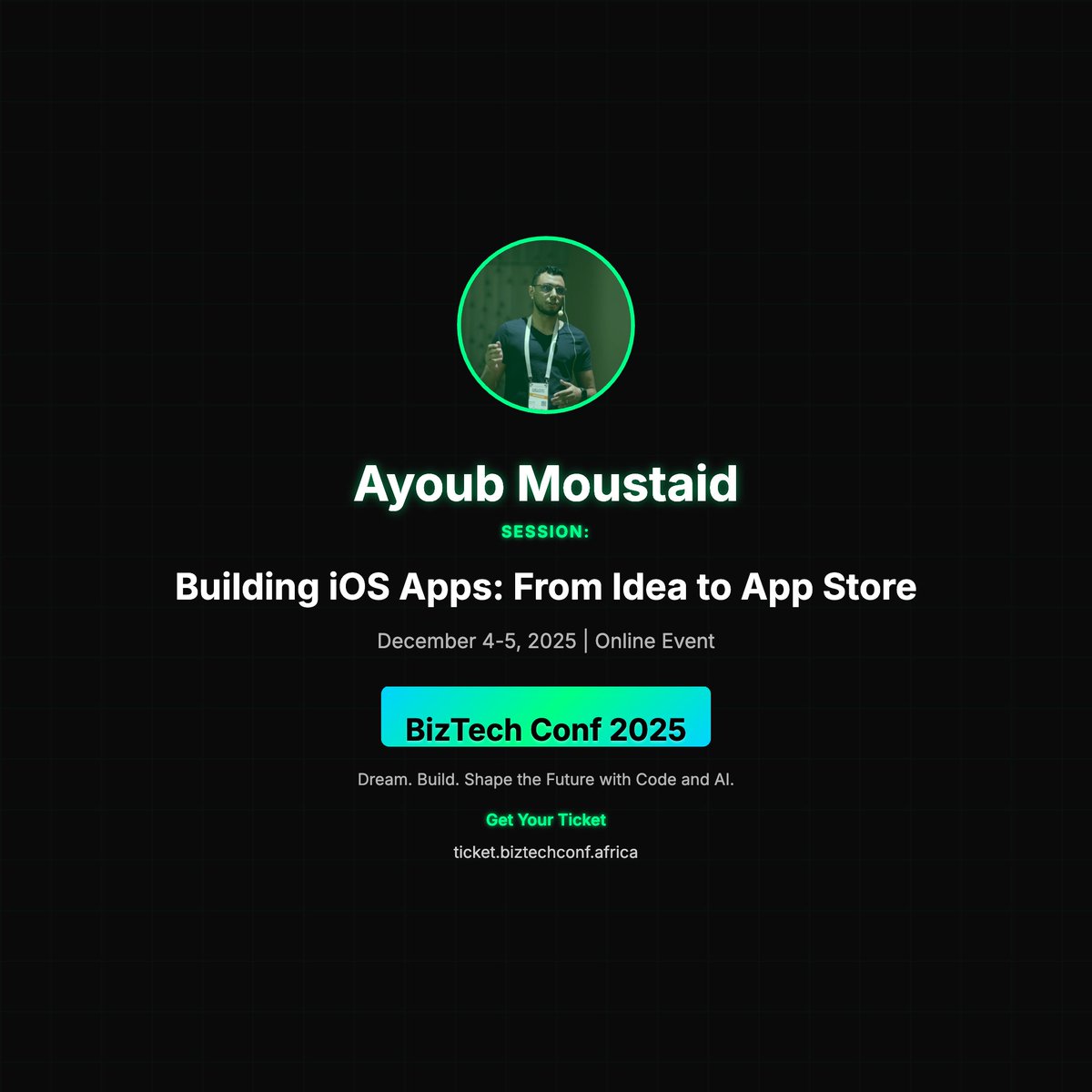 BizTechConf's tweet image. 🎤 Ayoub Moustaid at BizTech Conf 2025!

📢 &quot;Building iOS Apps: From Idea to App Store&quot;

@mstdayoub #BizTechConf2025 #TechConference

🎫 ticket.biztechconf.africa