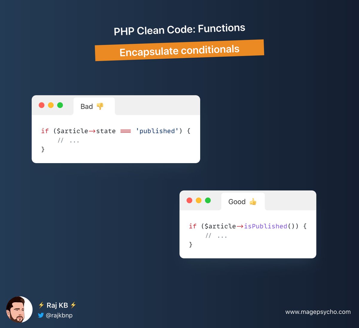 rajkbnp's tweet image. 9️⃣ Clean Code Series: Functions📒🧑💻

☑️ Encapsulate conditionals

🐘 #PHP #Laravel #Symfony