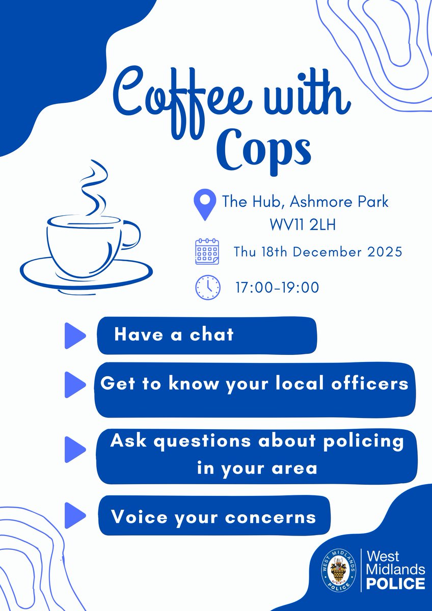 📢 Calling all #Wednesfield residents and business owners!

Come and see your local policing team in a slightly varied evening format in the library! (Still at The Hub). Café will be closed, so no coffee!

📍 The Hub at Ashmore Park, WV11 2LH
📅 18th December 2025
🕔 5pm – 7pm