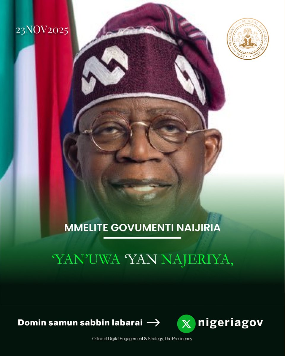 NigeriaGov's tweet photo. ‘Yan’uwa ‘yan Najeriya,

Kamar yadda kuka sani, na soke tafiyata zuwa taron G20 a Afirka ta Kudu domin in mai da hankali kan tsaro a gida Najeriya.

Godiyata ta tabbata ga ƙoƙarin jami’an tsaro a ‘yan kwanakin da suka gabata, duk mabiya addini 38 da aka sace a Eruku, Jihar Kwara, an ceto su lafiya.

Ina farin ciki kuma da cewa dalibai 51 daga cikin waɗanda suka bace a Makarantar Katolika a Jihar Neja, an dawo da su gida lafiya.

Ina ci gaba da bibiyar yanayin tsaro a duk fadin ƙasar kuma ina samun rahotanni kai tsaye daga kan gaba.

Bari na bayyana: ba zan yi kasa a gwiwa ba. Kowanne ɗan Najeriya, a kowace jiha, yana da ‘yancin samun tsaro a karkashin jagorancina, za mu tabbatar da tsaron ƙasa da kare jama’a bakidaya. 

— Bola Ahmed Tinubu
Shugaban Ƙasa kuma Kwamandan Sojojin Ƙasa na Jamhuriyar Tarayyar Najeriya

@officialABAT