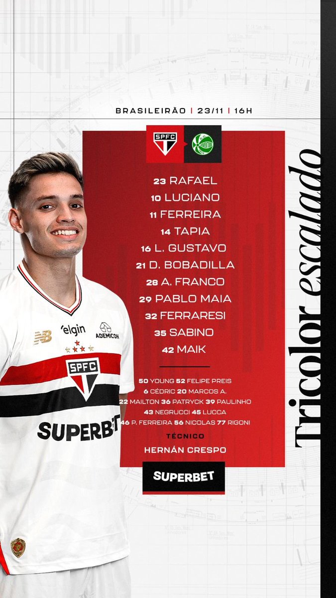 São Paulo escalado pelo técnico Hernán Crespo. Maik e Tapia ganham as vagas de Cédric e Patryck por opção.