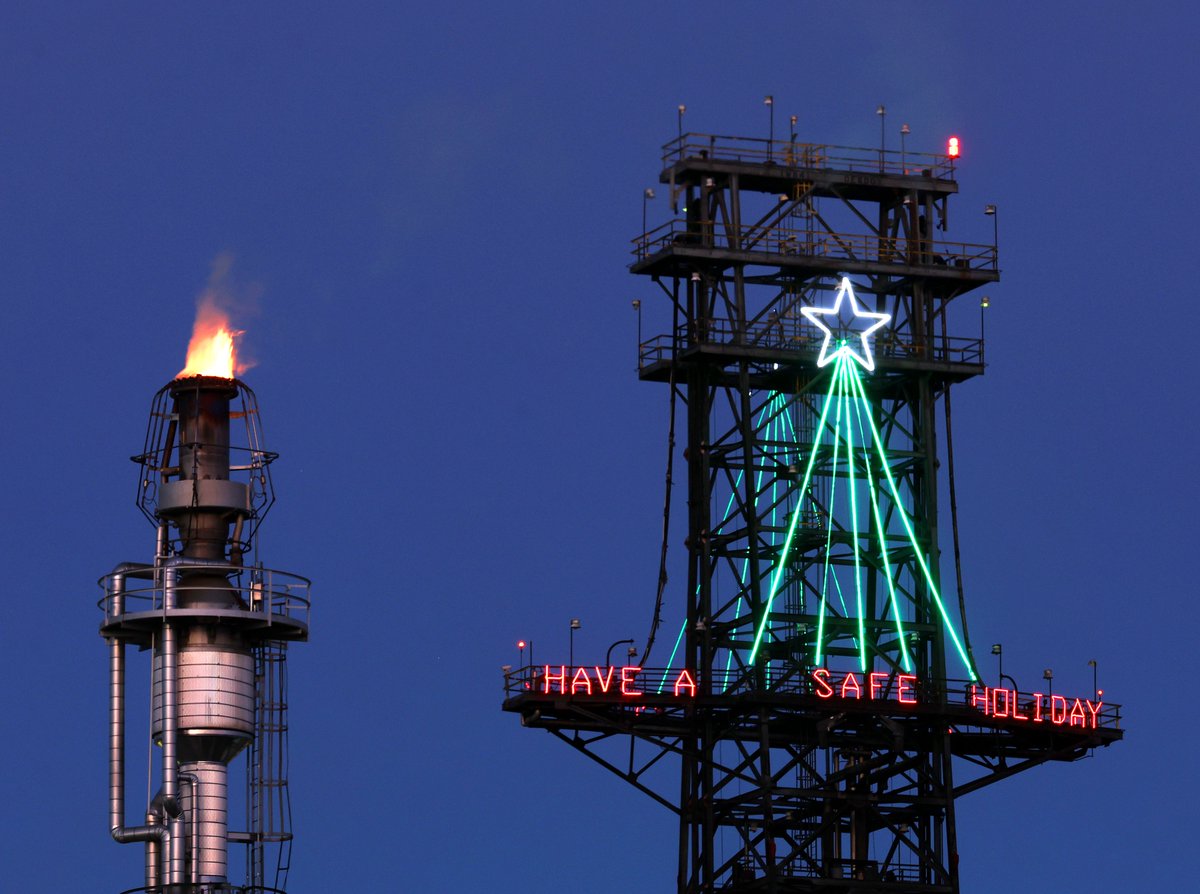 Lights on the coker tower at the Phillips 66 refinery in Billings, Montana delivers a holiday message to the community.