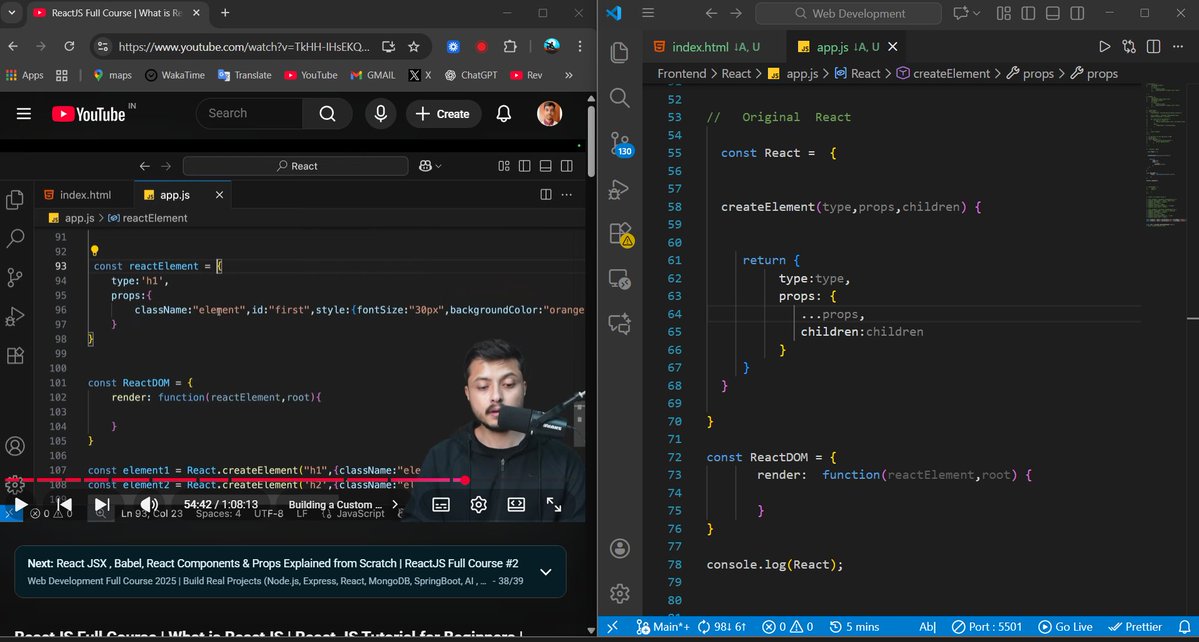 MananCodes123's tweet image. 🚀Day 52  #CoderArmy
Exams still going on, so time is tight 📚
But to keep consistency alive, I studied a bit about why React has different render engines and how to build a custom React engine to understand its core workings ⚛️
Amazing lecture by Rohit Sir! 🙌 
#ReactJS  #WebDev