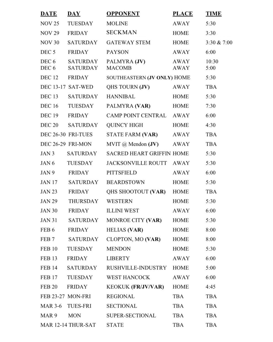 2025-26 Basketball Schedule. Opening game is this Tuesday at 5:30 in Moline. Let's Go Raiders!