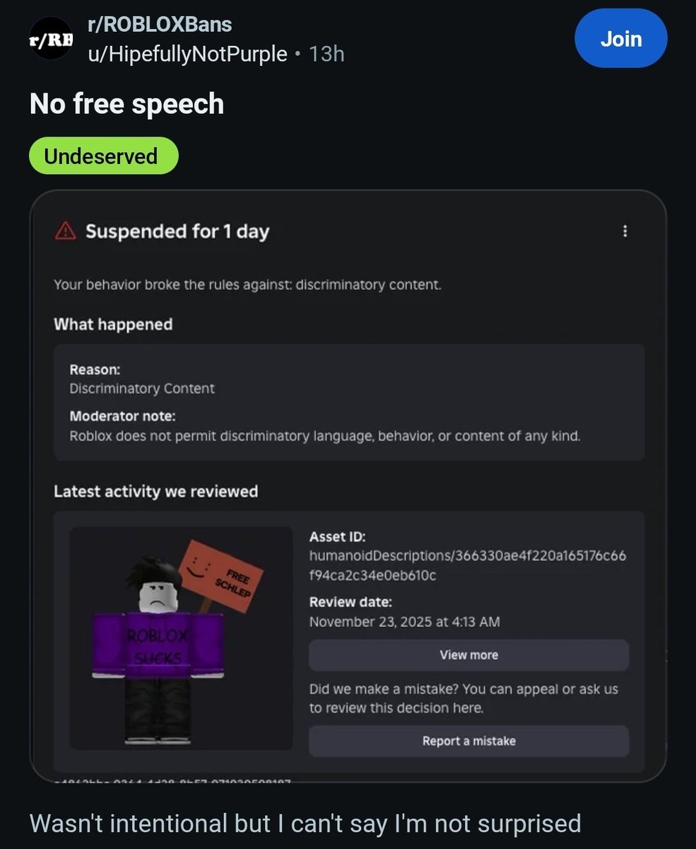 Sierrathefurry's tweet image. Someone was banned on Roblox for discriminatory content, content in question being a #freeschlep sign.