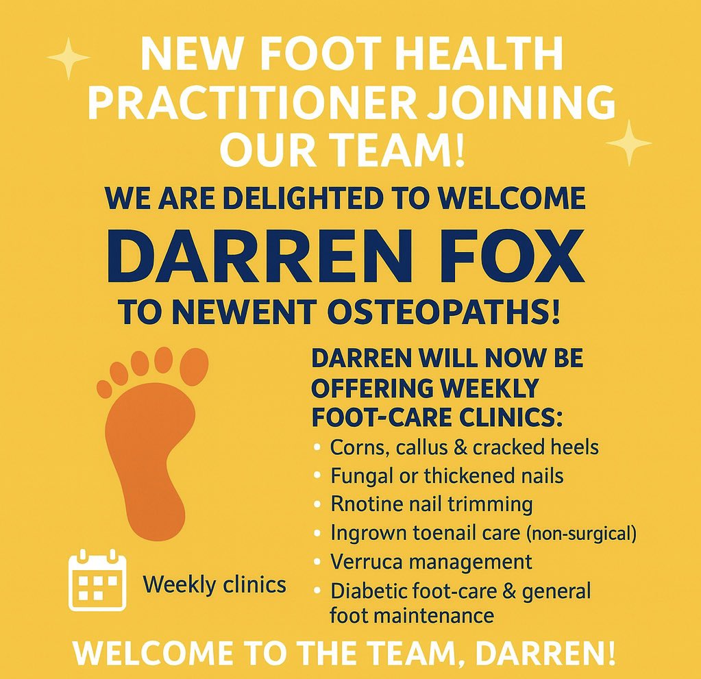 newentosteopath's tweet photo. We are pleased to announce that Darren Fox has joined our clinical team as a Foot Health Practitioner.

📅 Weekly appointments now available
📲 Book online: https://t.co/NNkzm4NC9E
📞 Or call 01531 822392

Newent Osteopaths – Proudly supporting your foot health https://t.co/hWaoxNDQLV
