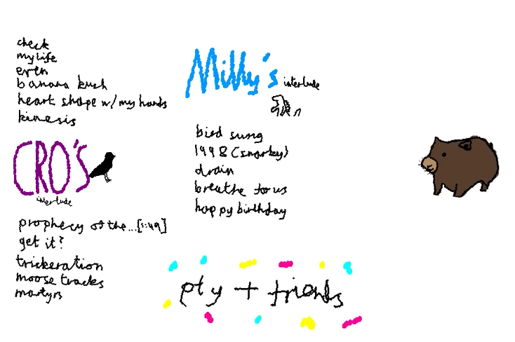 pty &amp; FRIENDS

a set , on yt only
25th nov

original songs : <a href="/jvly38/">july</a> <a href="/nogodscriptures/">no god.</a>  <a href="/BIGZ123451/">Big Zed // “WE’VE ALL BEEN THERE” OUT NOW 🦅</a> <a href="/FeelLoInc/">x h e f 🤞 out now!</a> <a href="/marluvsrap/">amar’e</a> <a href="/Spaghettiandfr2/">yharnam saint🔻</a> <a href="/klwncat/">🐈‍⬛</a> <a href="/MattDraugos/">Matt Draugos</a> <a href="/SorcererTeo/">Teo</a> <a href="/LilFigurative/">fig ! 🏳️‍⚧️🇵🇸</a> 

new songs : Tetsuo <a href="/jvly38/">july</a> <a href="/BIGZ123451/">Big Zed // “WE’VE ALL BEEN THERE” OUT NOW 🦅</a> <a href="/JORDENRAPSGOOD/">JORDEN</a> <a href="/coralcro/">coralcro 🔻🇵🇸</a> <a href="/millenium769/">MILLENIUM🔻🇵🇸</a> <a href="/DayEXSO/">day</a>