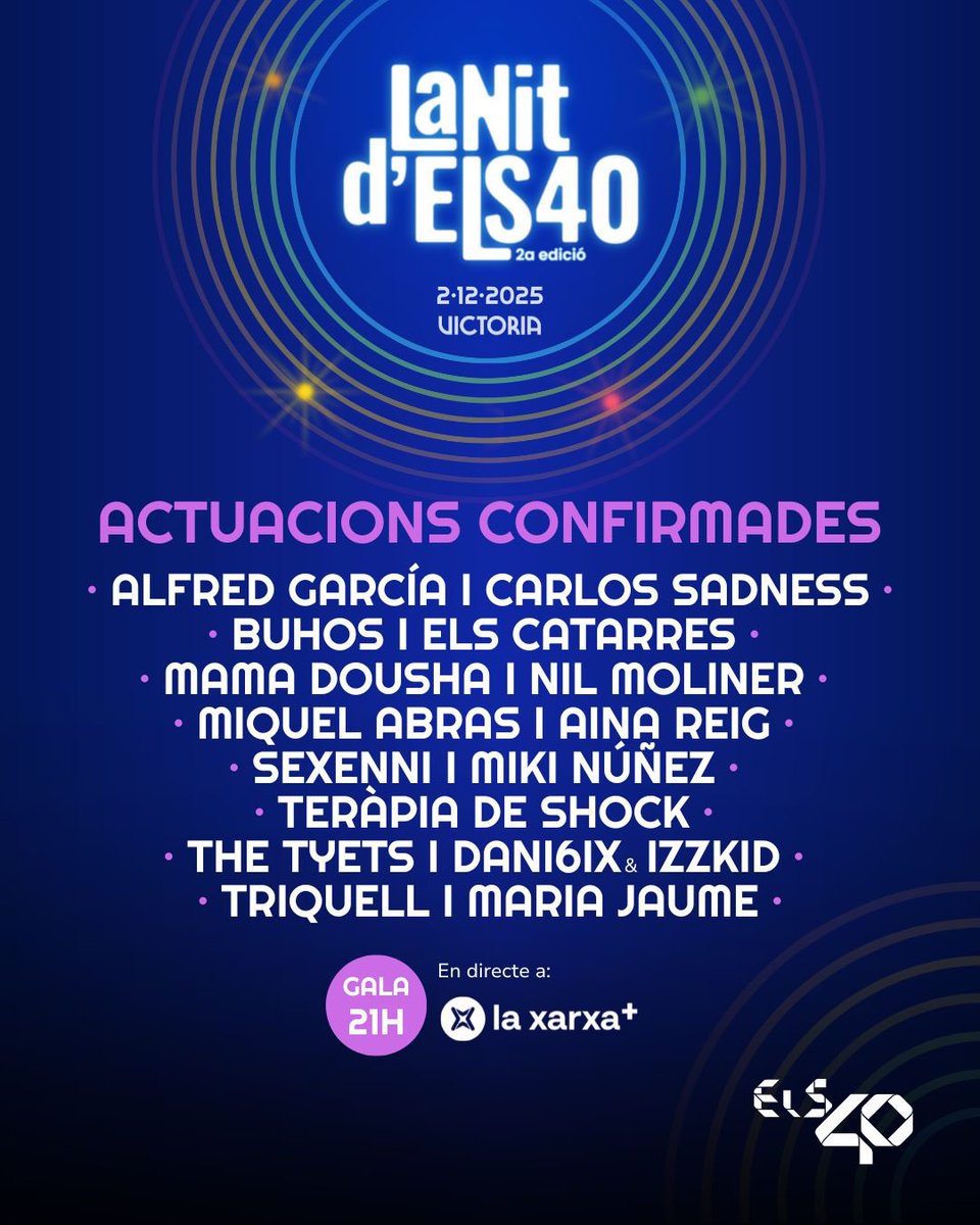 Els40_'s tweet image. 🎉 Cada vegada falta menys per La Nit d'Els40😍, on tindrem en directe a artistes com l'Alfred García, Els Catarres, Teràpia de Shock, The Tyets, Nil Moliner i molts més!🤩🎤

🏆Podràs seguir en directe la gala a través de @laxarxames🥰 #LANITDELS40