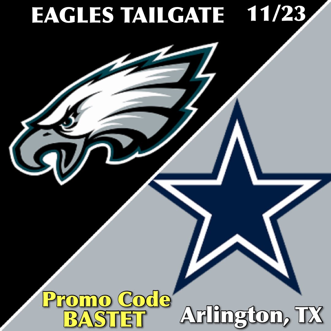 BastetPromotio1's tweet photo. Eagles Nation, we’re taking over Arlington!
Indoor tailgate before the game today from 12–3:30pm — just a 5-min walk from the stadium! 🦅🏈💚

Discount Code - BASTET 🎟️ https://t.co/t3wYx3fUHr

#BastetPromotions #TailGreeter #TailGating #PhillyEagles #DallasCowboys  #NFL https://t.co/SPCKIoF98N