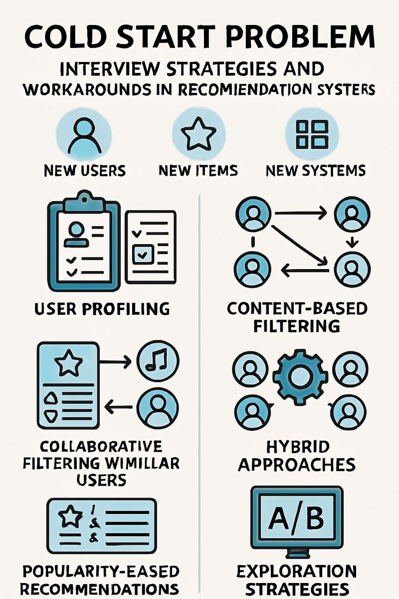 bugfree_ai's tweet image. Struggling with cold start in recommendation systems?  
Combine user profiling, content-based, and hybrid methods!  
Explain clearly in interviews &amp;amp; use real examples to shine!  
#MachineLearning #DataScience #TechInterview