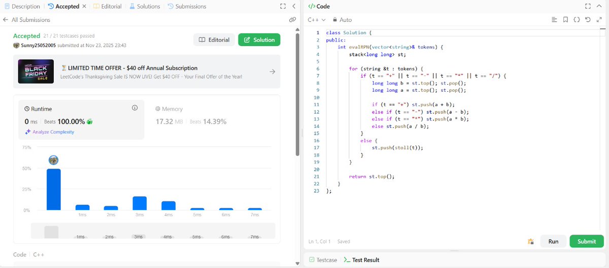 SunnyKumar51305's tweet image. 🔥 Problem of the Day:  Evaluate Reverse Polish Notation 
Approach:  
Language: C++
Difficulty: Medium 
✅ Passed all testcases
#DSA #LeetCode75