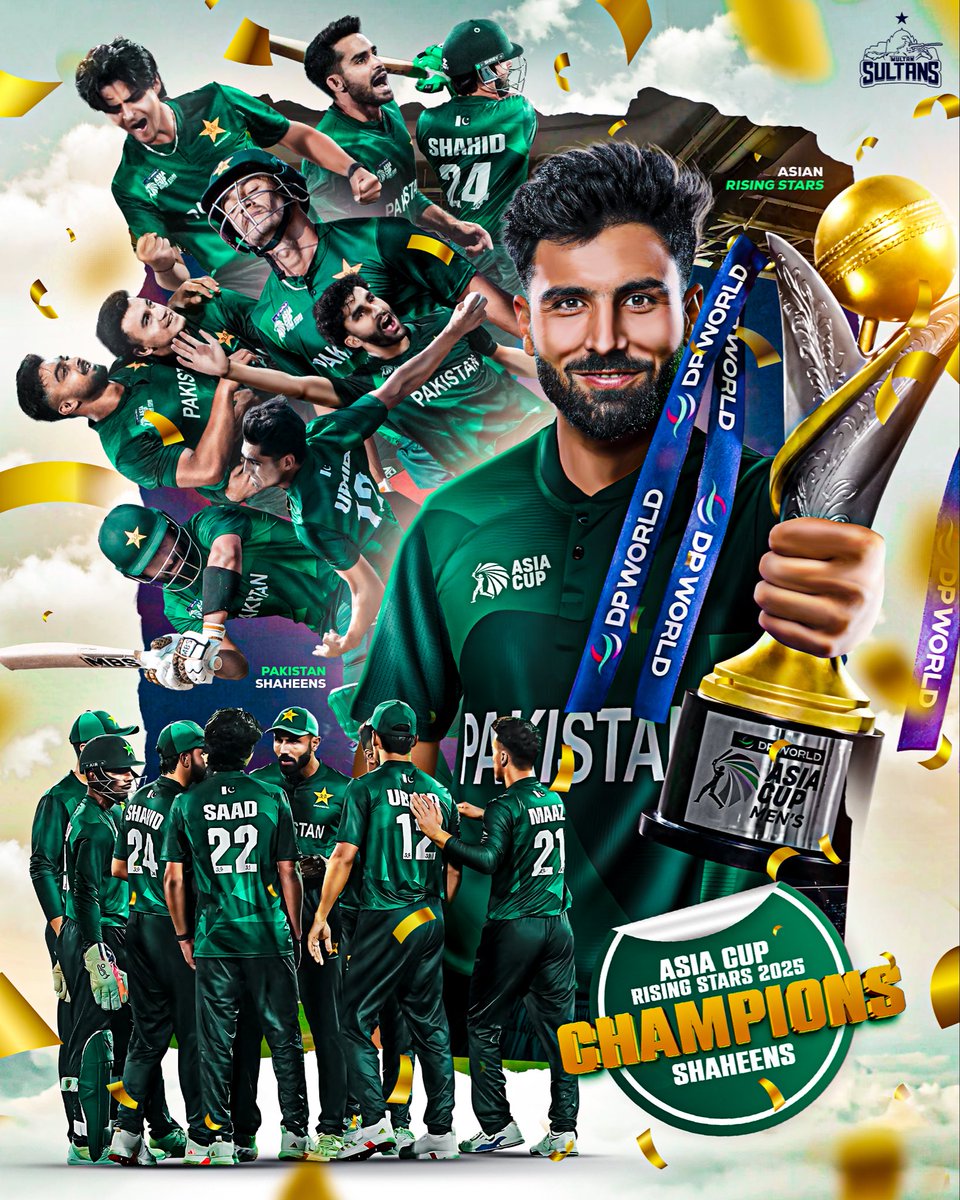 𝐂𝐇𝐀𝐌𝐏𝐈𝐎𝐍𝐒 𝐅𝐎𝐑 𝐓𝐇𝐄 𝐓𝐇𝐈𝐑𝐃 𝐓𝐈𝐌𝐄! 🇵🇰 

Pakistan Shaheens claim the ACC Men’s Asia Cup Rising Stars title for the third time! 🏆🏆🏆