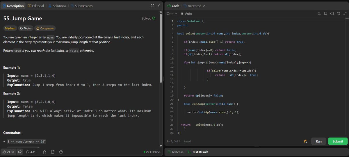 ANNISH_SEN's tweet image. Day 66 of #LeetCode75 — Problem 55 (Jump Game).
Solved with recursion + memoization: try all jumps from each index and cache results. Time O(n²), Space O(n).
Getting better at DP — one problem at a time.
#100DaysOfCode #DSA #CPlusPlus #CodingJourney p
