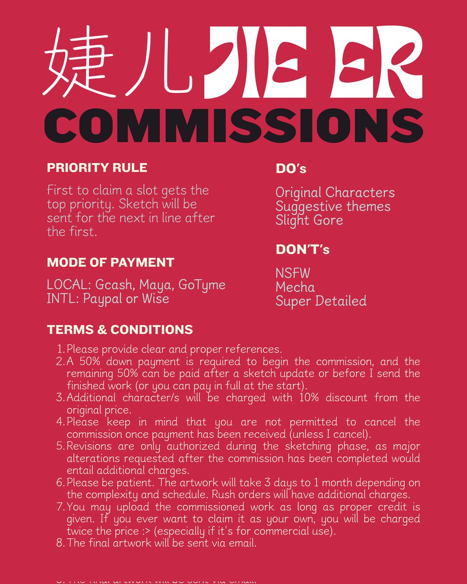 xiaojie_er's tweet photo. ✨ COMMISSIONS OPEN! ✨ Get high-quality art for wallet-friendly prices. Grab a slot before they’re gone! 🔥

As for half-body to full-body offers, it can be negotiated and I have samples but it's extra taxing to make them so I didn't add it in my sheets.

#commissionsopen https://t.co/WUNqcdOrp7