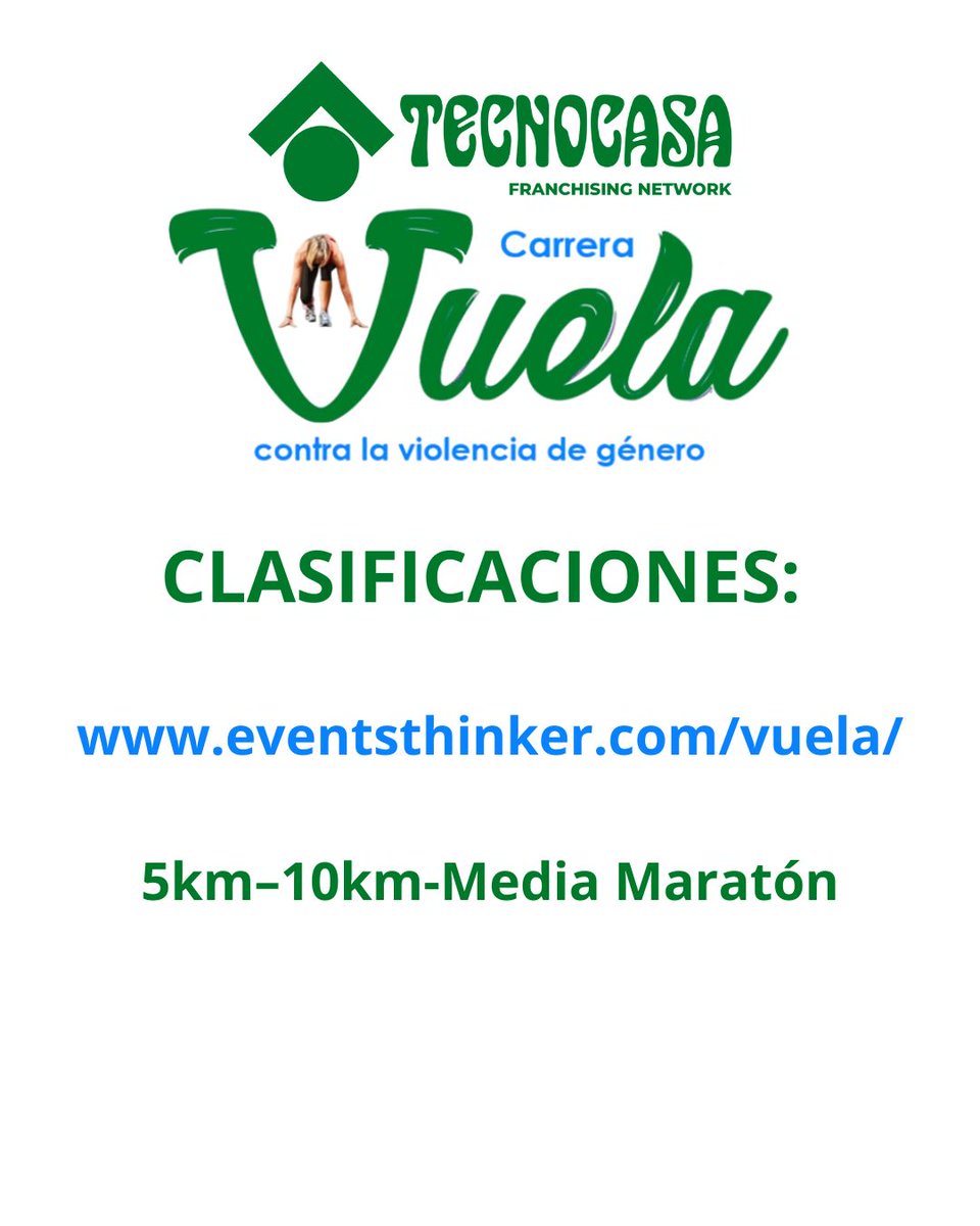 CARRERA TECNOCASA VUELA. 
En el siguiente enlace, tenéis las clasificaciones de las carreras de 5K-10K-Media Maratón: 
eventsthinker.com/vuela/
Muchas gracias  a todos/as por vuestros kilómetros solidarios!