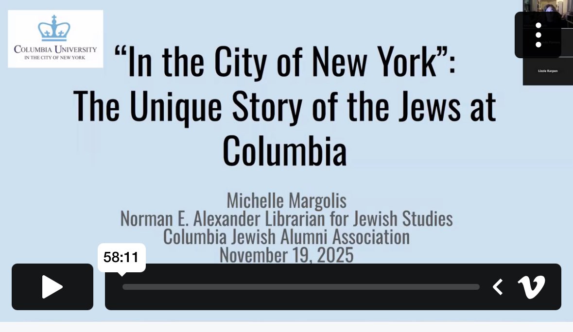 columbiafsi's tweet image. Great program organized by @CU_JewishAlumni and led by @columbialib librarian @hchesner celebrating the rich and unique history of Jews at @Columbia dating back to the 1700s:
vimeo.com/1139145153
We are here to stay and be part of this story.